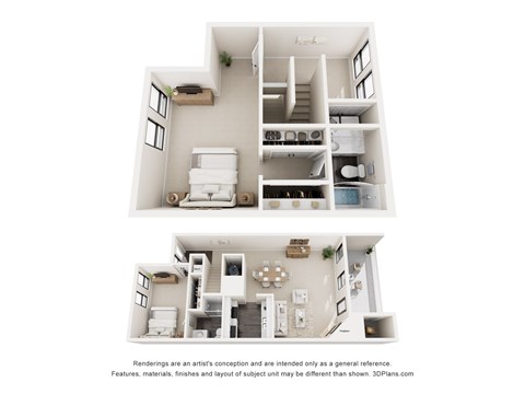 A white 3D floor plan of a house with a kitchen, living room, and bedrooms.